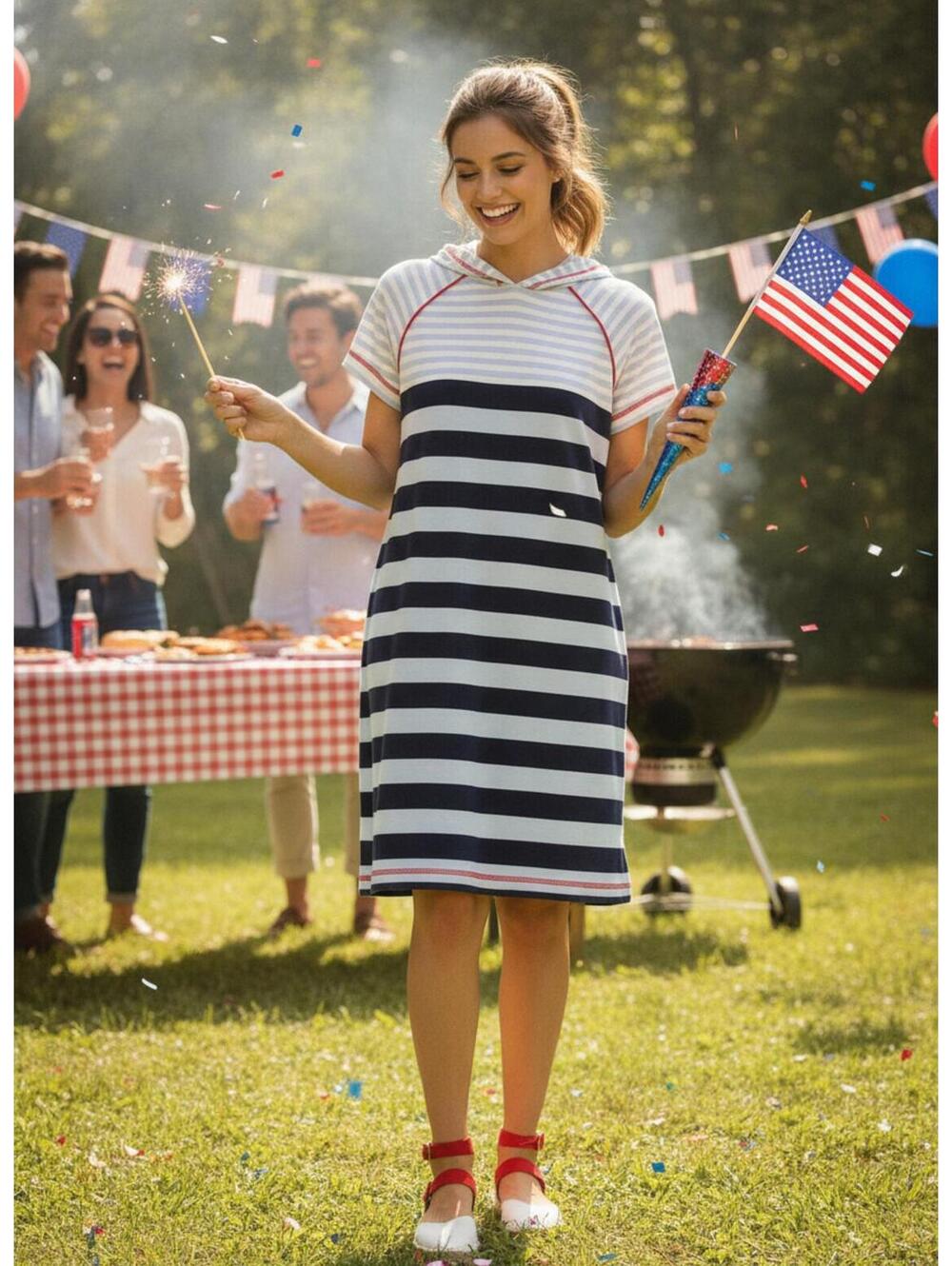 Hanna Andersson Women's Stripe Hooded Dress Size L 100% Pima Cotton Nautical